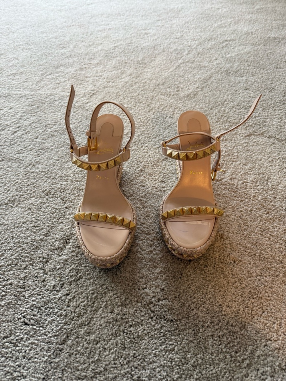 Christian Louboutin Nude Studded Espadrille Wedge Sandals